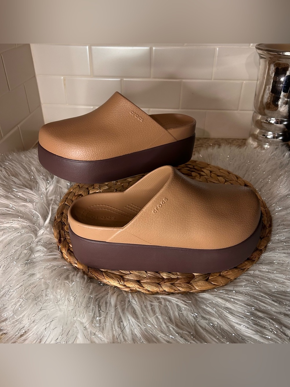 CROCS Dylan Platform Clogs Tan w/Dark Brown Sole